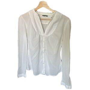 Lucky brand long sleeve white striped sheer button-down shirt. Size:Small